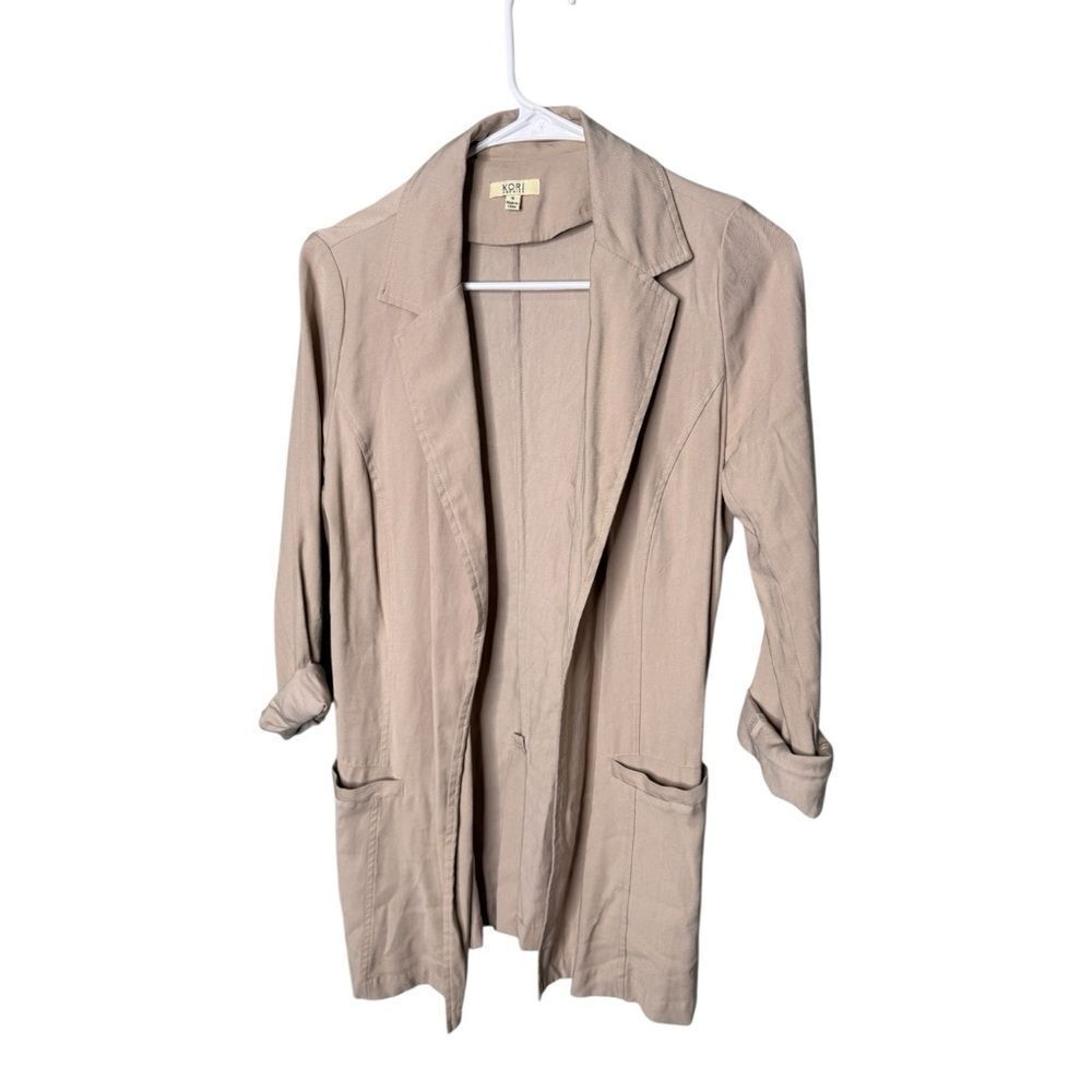 Kori America Tan Beige Open Front Longline Blazer Jacket Small